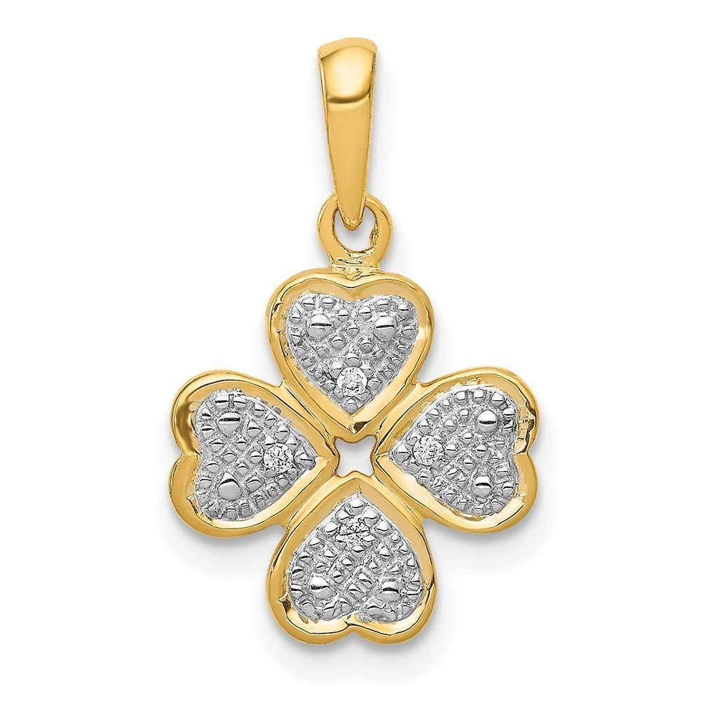 14k Yellow Gold .02ct.Diamond Four Leaf Clover Shamrock Necklace Charm Pendant